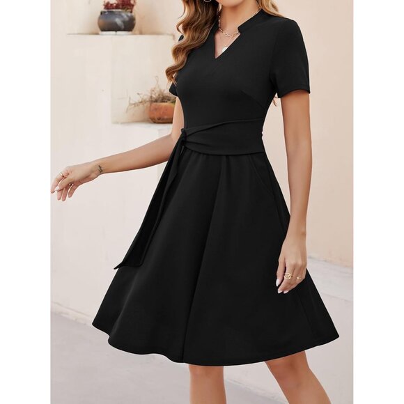 Women's V-Neck Fit and Flare Dress with Pockets Polyester Summer Casual Night - Picture 4 of 6